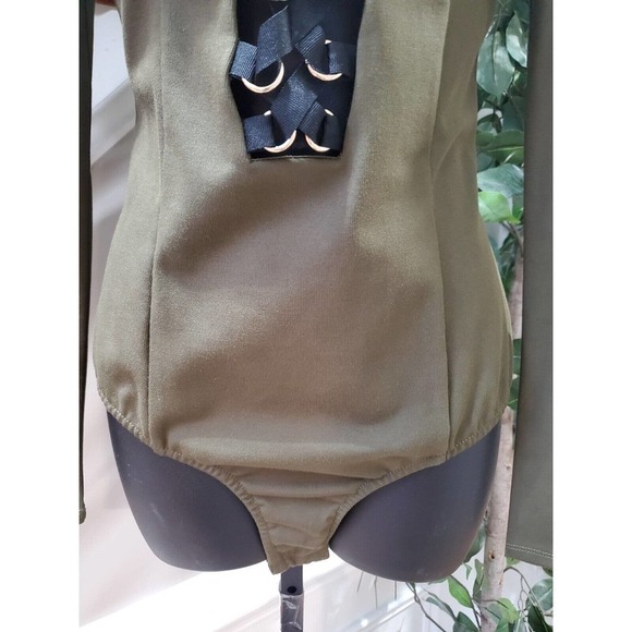 Nude Women's Green Cotton Lace Up Plunge V Neck Back Zipper Bodysuit Size Large - Picture 4 of 11
